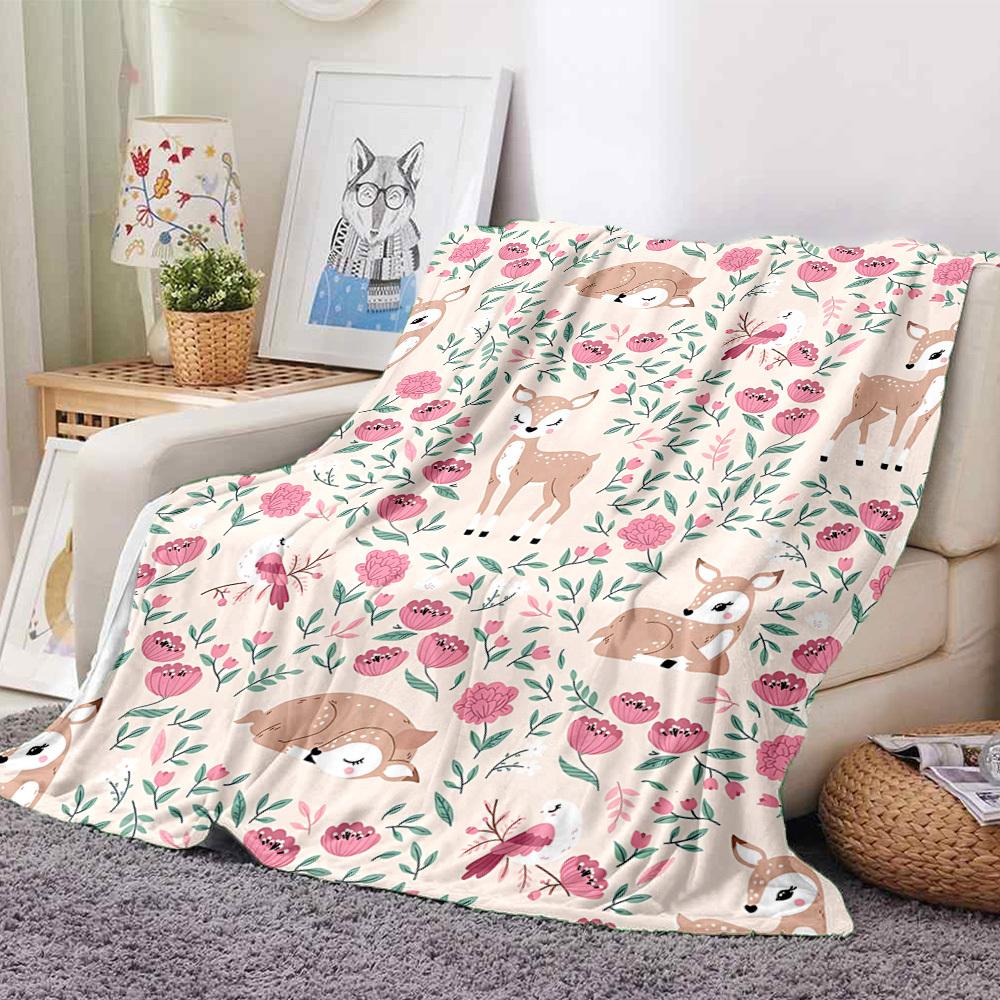 1pc Deer Floral Lightweight Flannel Blanket, Comfortable and Warm Blanket, for Office and Camping Sofa Bed, Livingroom158