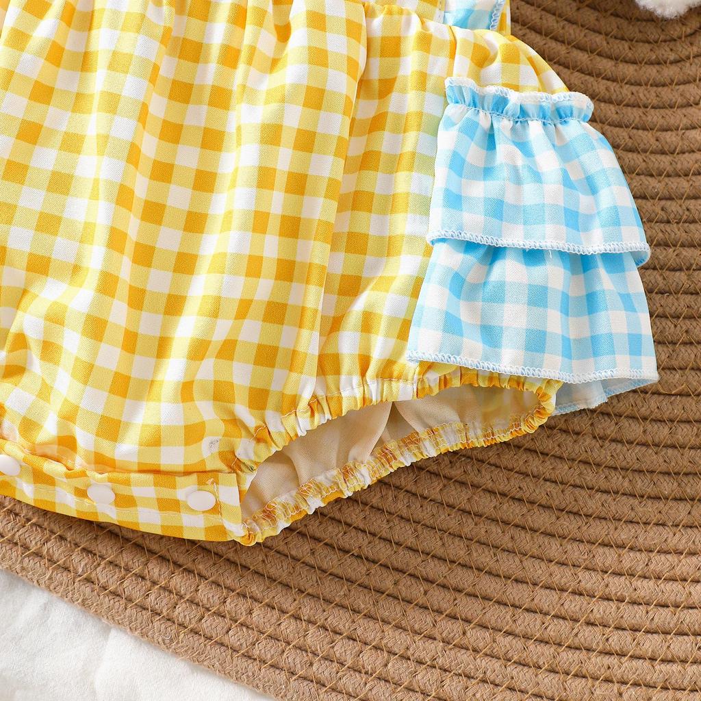 Baby Girl Cute Duck Patch Embroidered Plaid Romper - 1st Birthday Crawling Suit