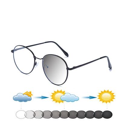 Runder Stil, Legierungsrahmen, einteilige Nasenpads, modische photochrome Lesebrille +0,75 bis +4