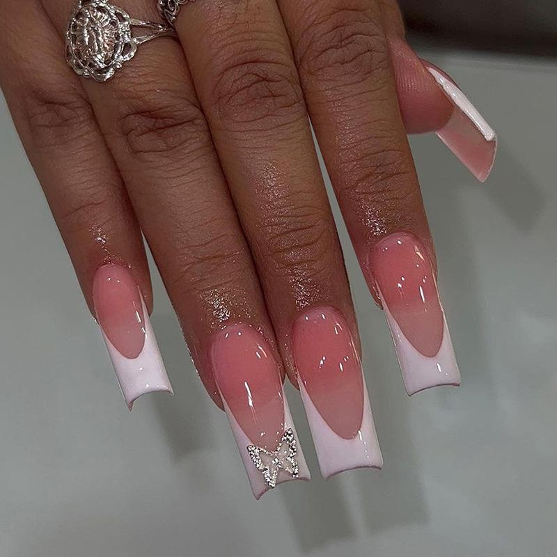

Rhinestone Butterfly French Pipe Style Press-On Nails, Removable Wear-On Nail Art Tips