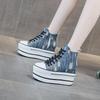Fashion Autumn Winter 2025 Women's Vintage High-top Canvas Sneakers In Distressed Denim with Thick Platform Wedges and Super High Heels