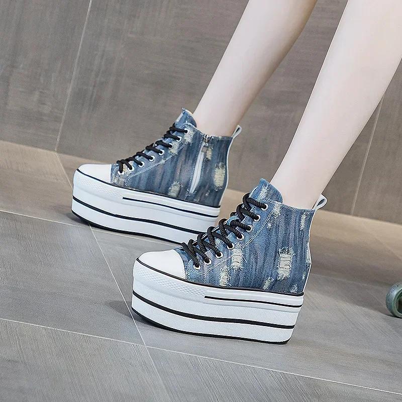 Fashion Autumn Winter 2025 Women's Vintage High-top Canvas Sneakers in Distressed Denim with Thick Platform Wedges and Super High Heels