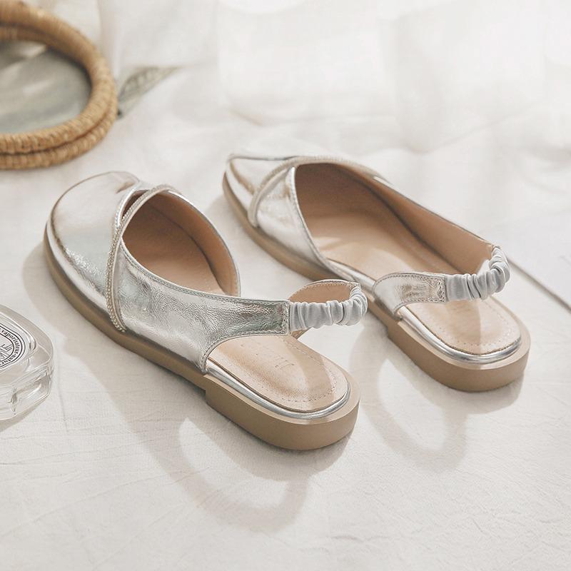 Sheepskin version, flat shoes with skirts, silver bag head sandals for women's summer wear, new women's single shoes.