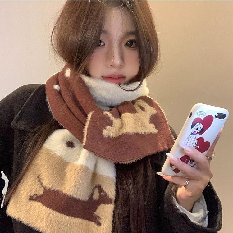 Cartoon Puppy Double-sided Polka Dot Knitted Plush Scarf Female 1116 Autumn and Winter Korean Atmosphere Versatile and Warm