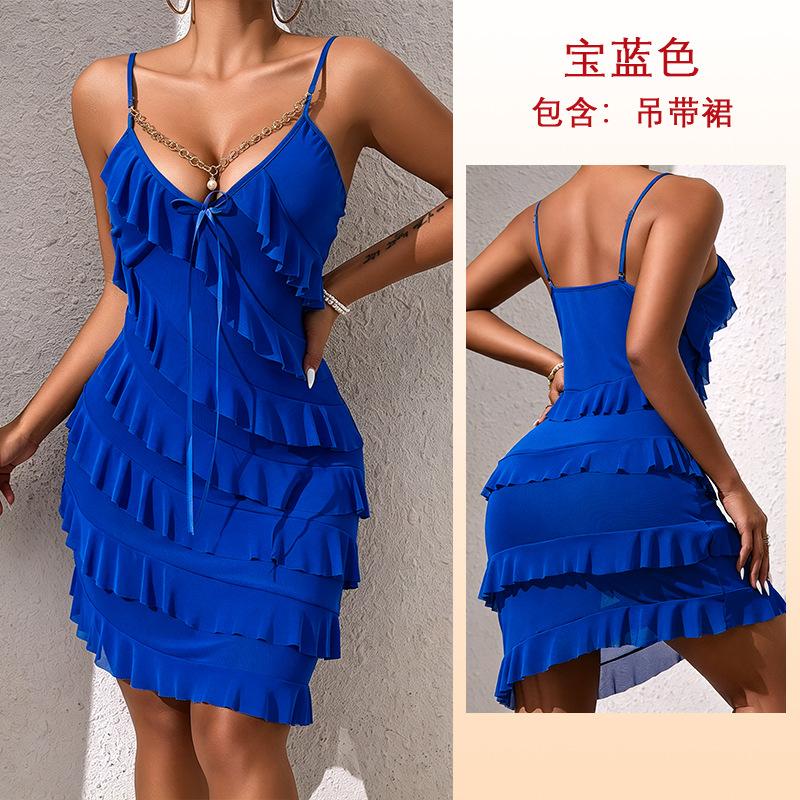 European and American women's chain decorative sexy mesh suspender dress multi-layer ruffle edge hip skirt 891