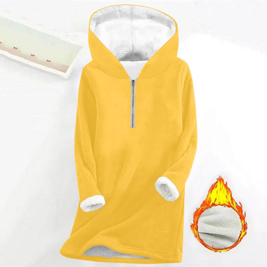 Fashionable women's fleece hooded solid color zipper long-sleeved top