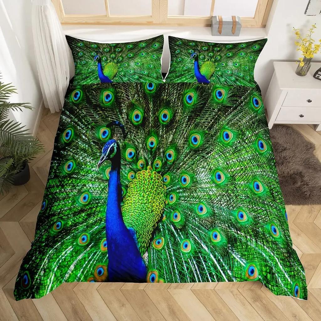 Conjunto de Capa de Edredom Pavão de Luxo Tamanho Twin King Queen Selva Selvagem Animal Capa de Colcha Microfibra Pássaro Exótico Animal Conjunto de Roupa de Cama