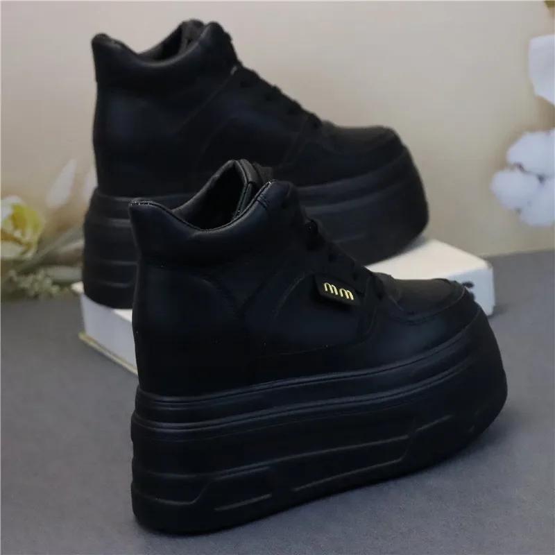 

Fashion 12CM Genuine Leather Women Breathable Platform Hidden Heels Shoes Genuine Leather Chimney Fashion Spring ZIP Ankle Booties 34 чёрный