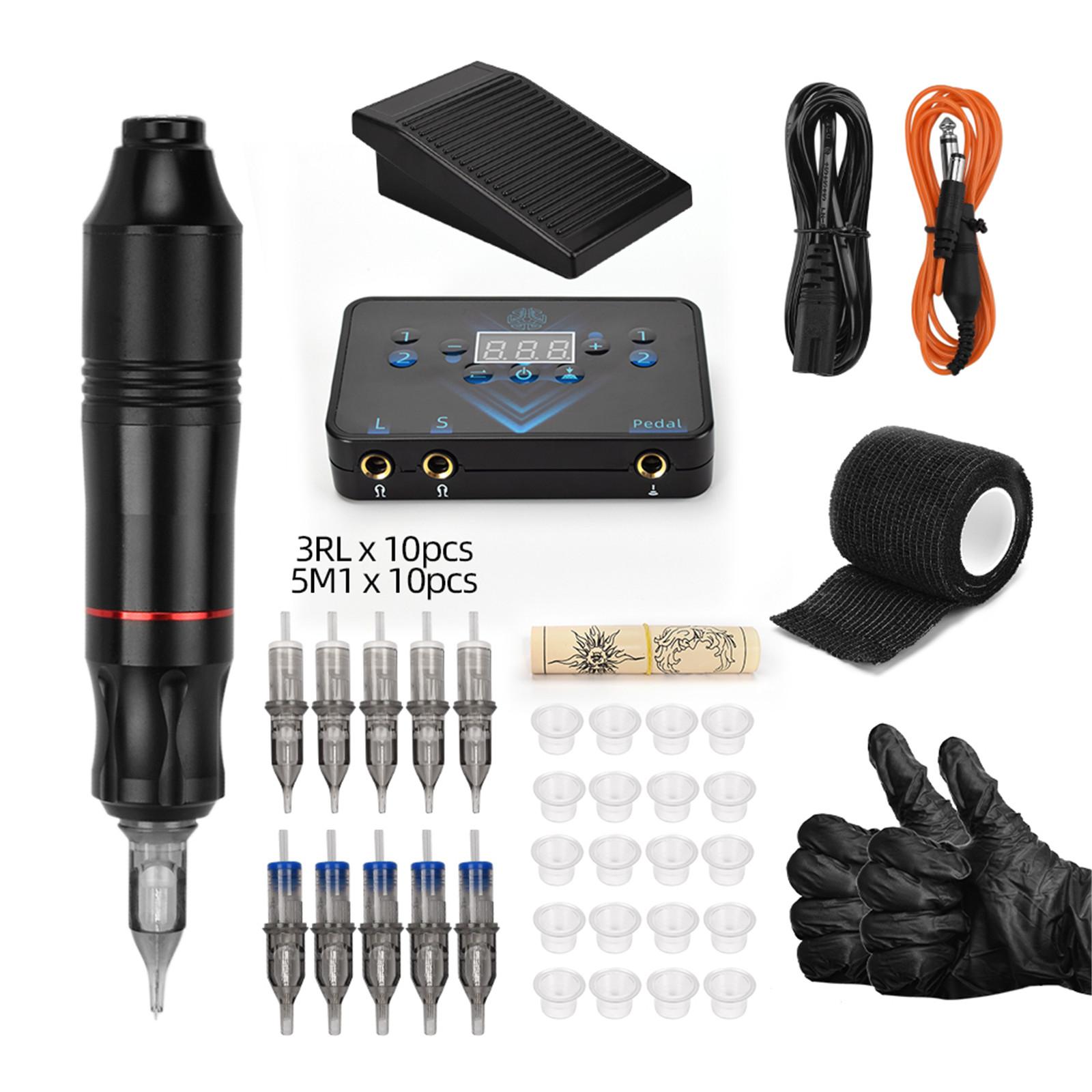 

Набор для татуировки Роторная тату-машинка Ручка с иглами для татуировки Чашки для чернил для татуировки Блок питания Ножка для татуировки EU Plug чёрный