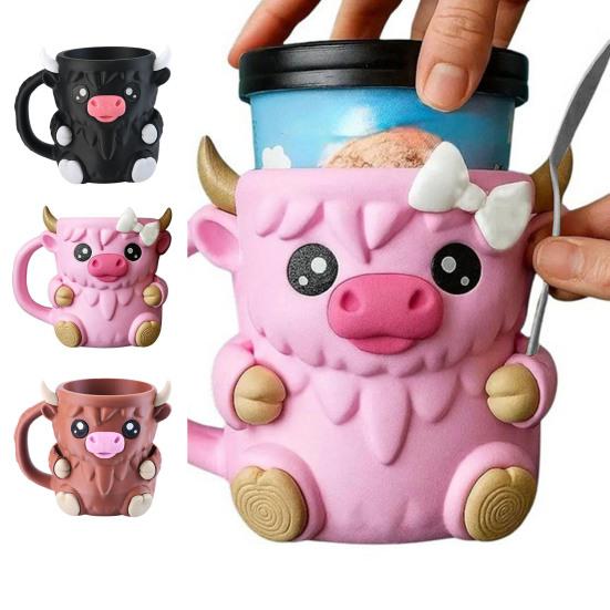 Držák na pintu zmrzliny Highland Cow Držáky na nanuky Držák na plechovku od piva Izolovaný držák na zmrzlinu se skrytou zásuvkou na svačinu a lžičkami