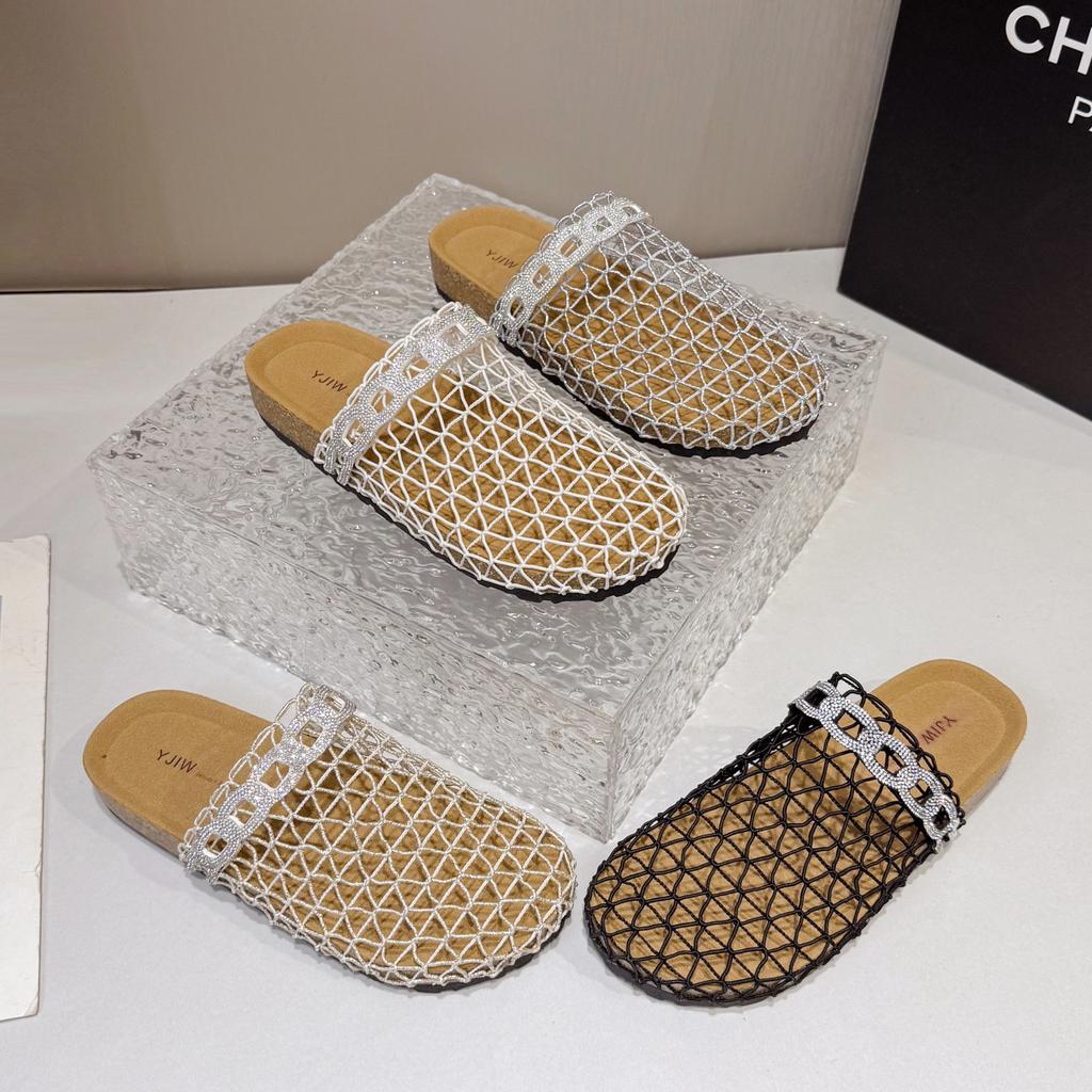 Summer New Fisherman Flat Bottom Round Head Baotou Half Slippers European and American Niche Fishing Net Woven Hollow Roman Cool Slippers