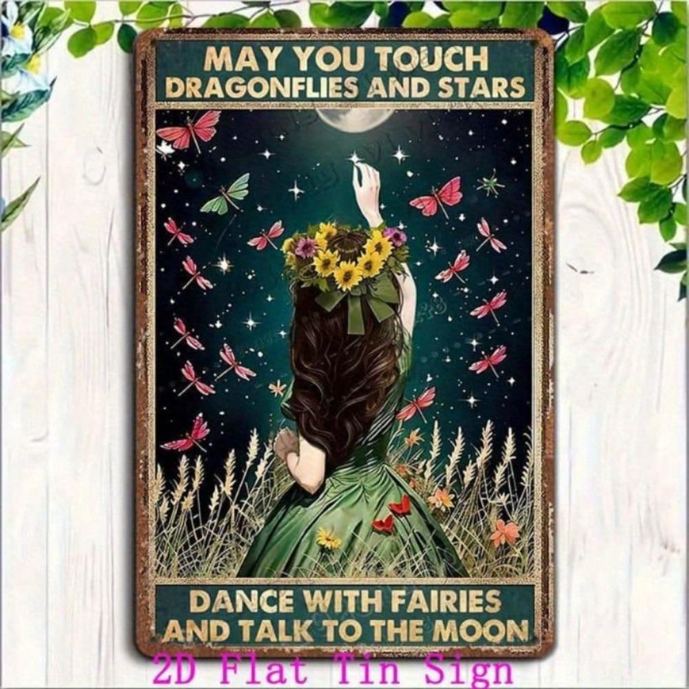 Vintage Metal Poster Moon Stars Butterflies Fairies Wall Art Fantasy Bedroom Decor