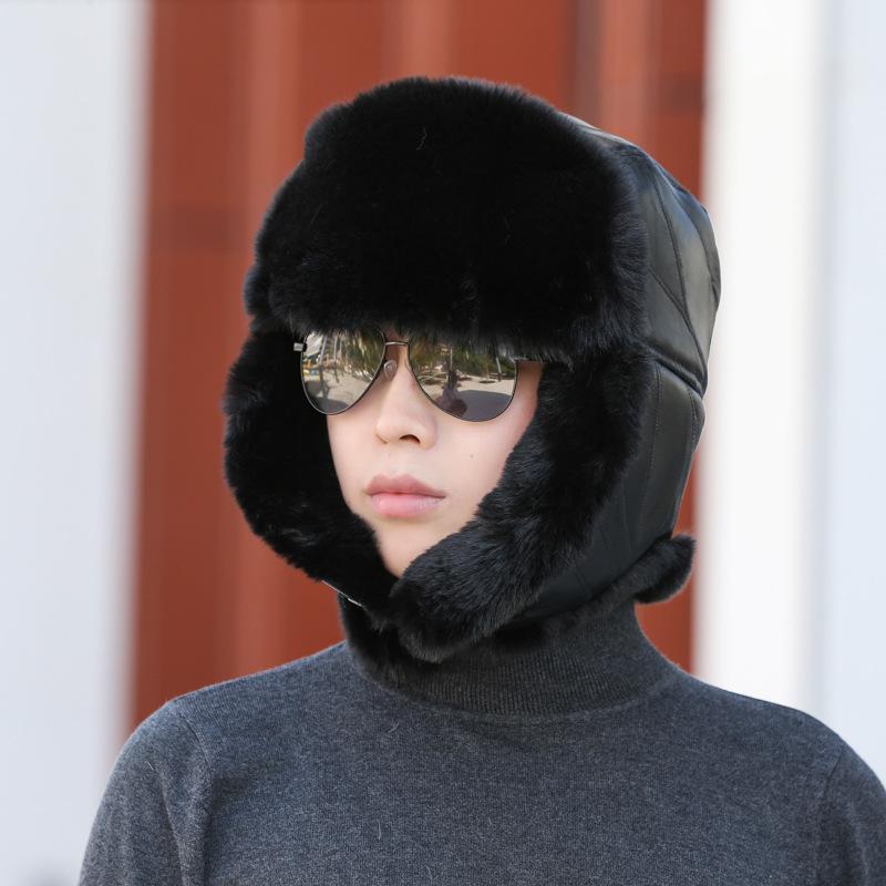 New cowhide windproof and cold ear protection cotton hat, piled and thickened winter fur warm hat
