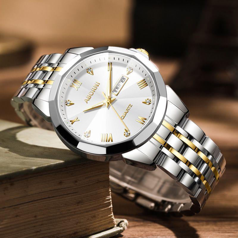 ABORNI Men's Watches Business Double Calendar Wristwatch Fashion Diamond Diamond-cut Mirror Steel Quartz Men's Watches