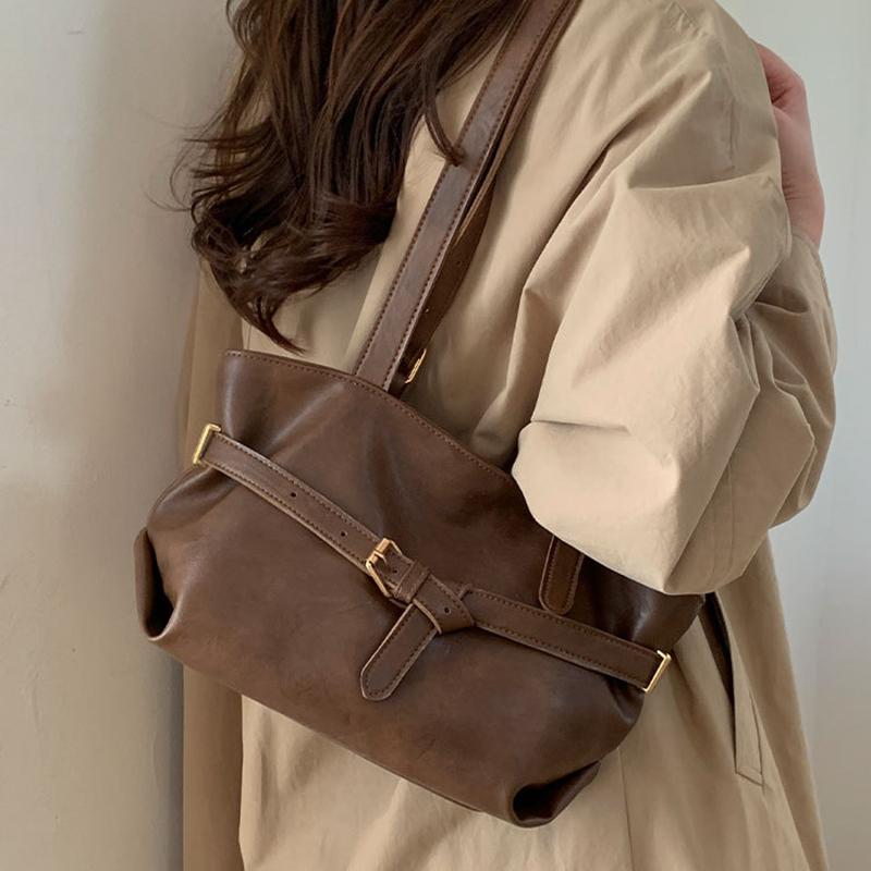 Yogodlns or Daily Commute Shopping Minimalist Vintage Glossy Tote Bag Belt Detail Large Capacity Zipper PU Water Resistant Shoulder Bag