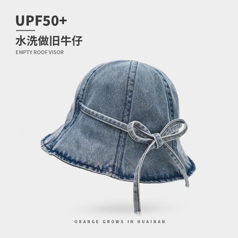 

Тонкая джинсовая шляпа-ведро, женская летняя солнцезащитная шляпа-купол, бант, ретро-шляпа с затенением Adjustable [about 56-59cm] темно-синий