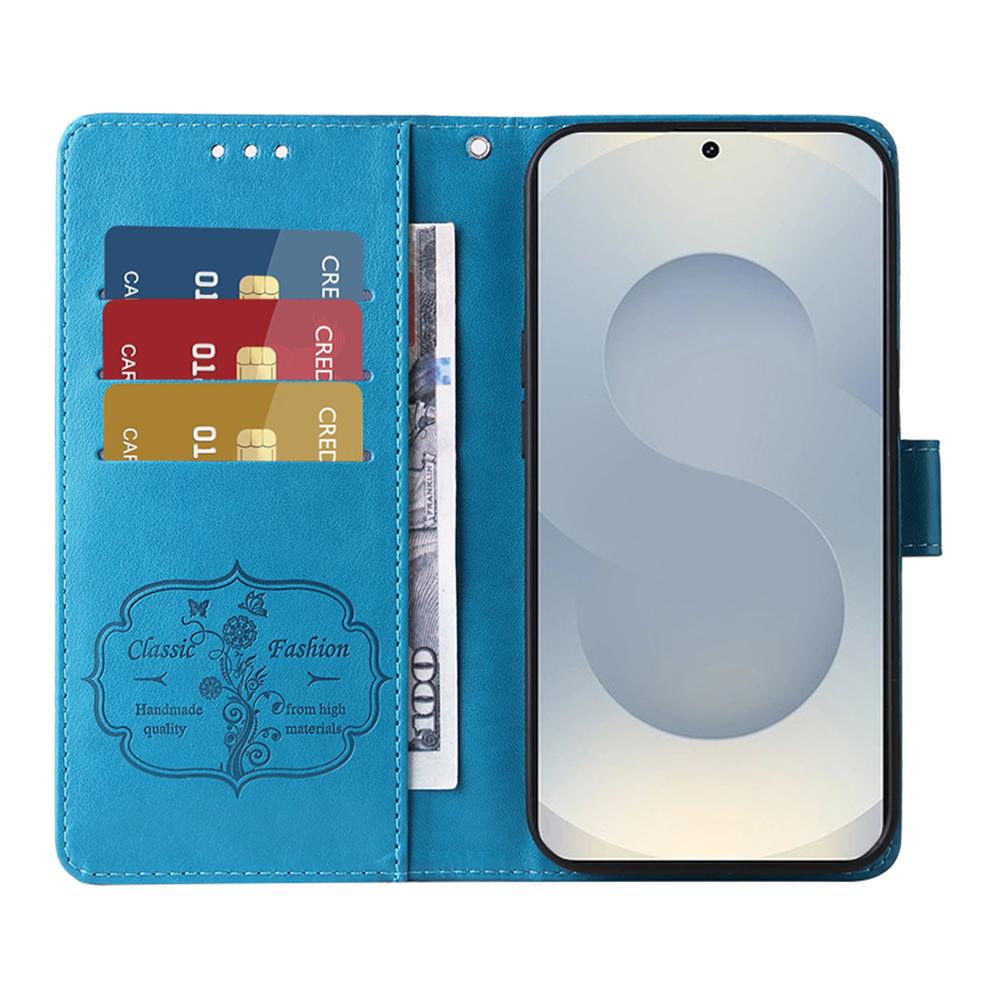 

For Samsung Galaxy S25 Edge Phone Case Wallet Stand Butterfly Floral Imprint Leather Cover Gold