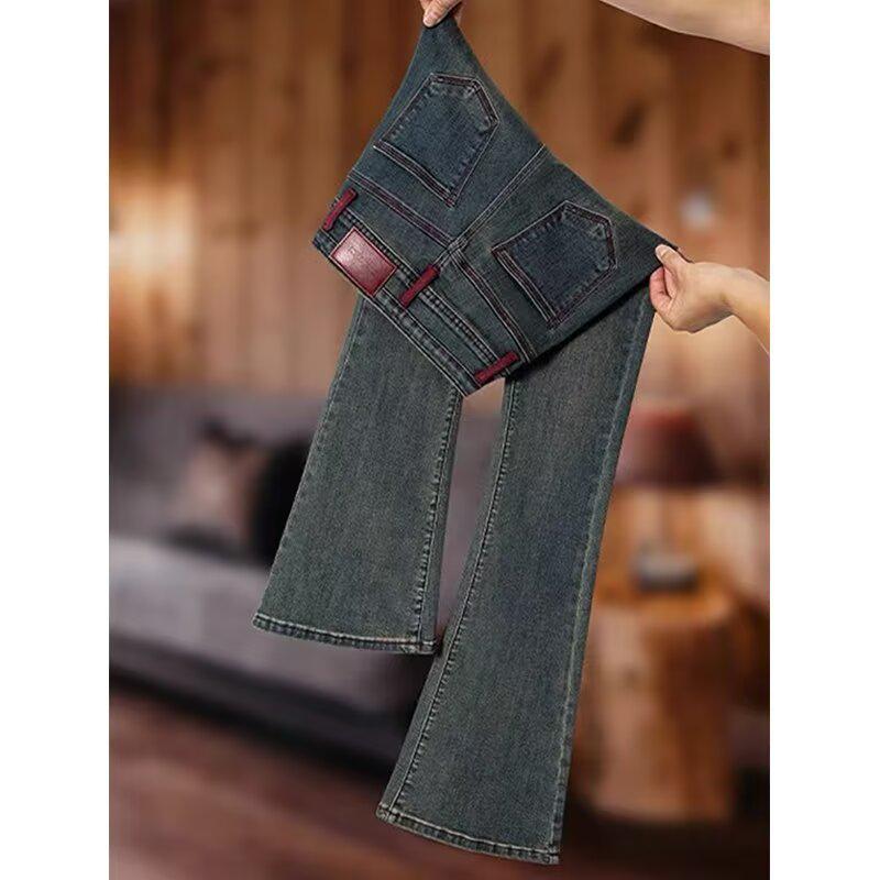 Women's 2024 Autumn/Winter Fleece-Lined High-Waisted Flared Slim-Fit Jeans