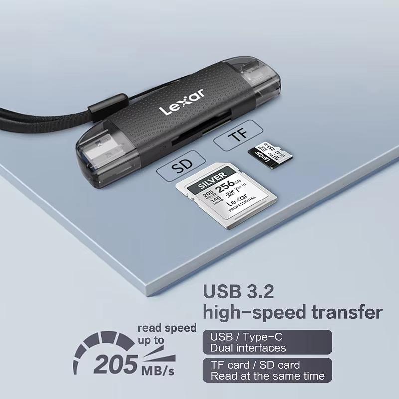 Lexar Card Reader Dual-Slot USB-A USB-C Type-C Reader Up To 205Mb/s 2-in-1 Card Reader SD Card Reader and Micro SD Card Reader for Computer and Phone