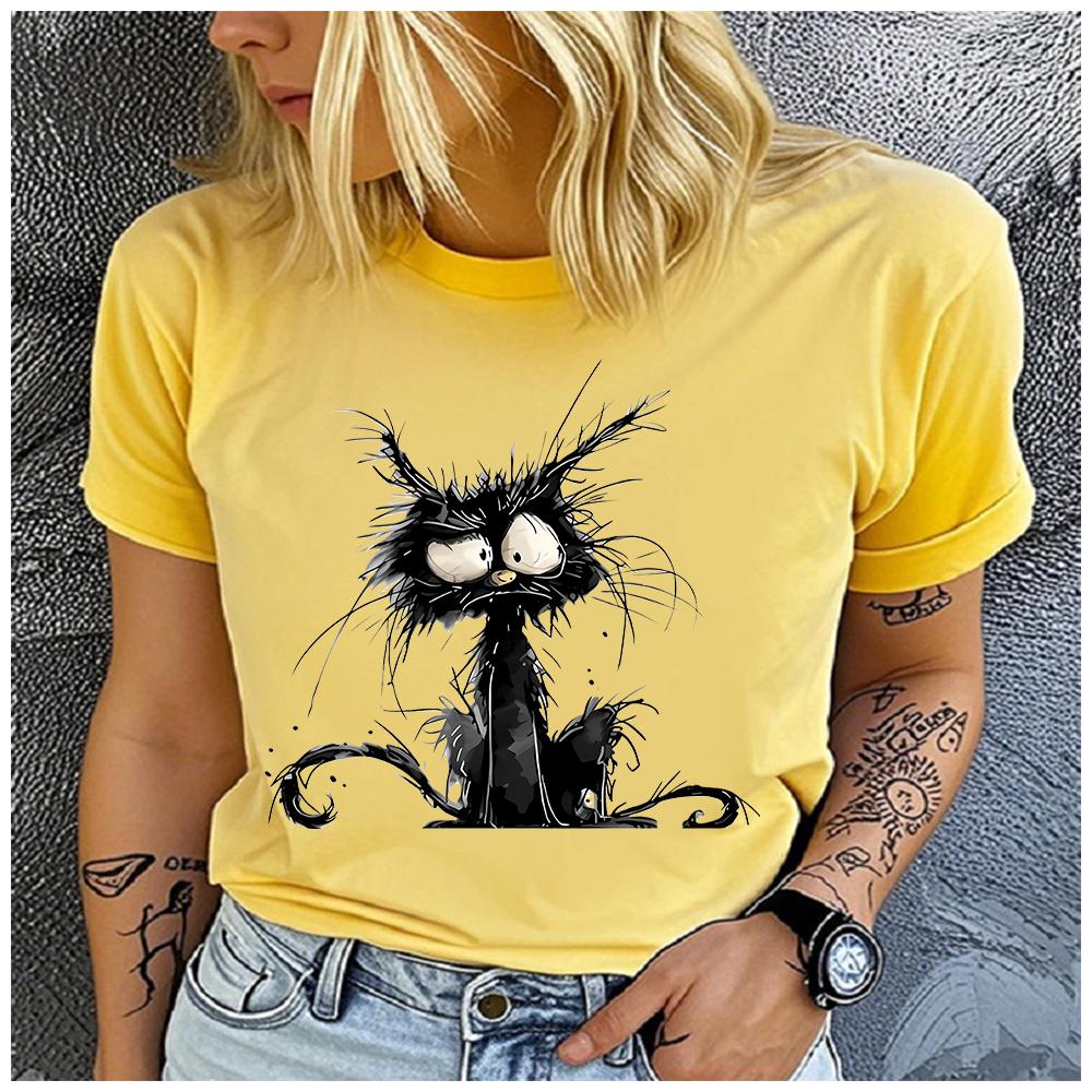 Women's Cotton 100% Little animal black cat T-shirt Loose round Neck Casual Short Sleeve Fashion Top Clothing Summer
