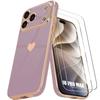Case + 2 Tempered Glass Screen Protectors for iPhone 18 Pro Max, Shockproof Silicone Protection Heart Pattern - Purple