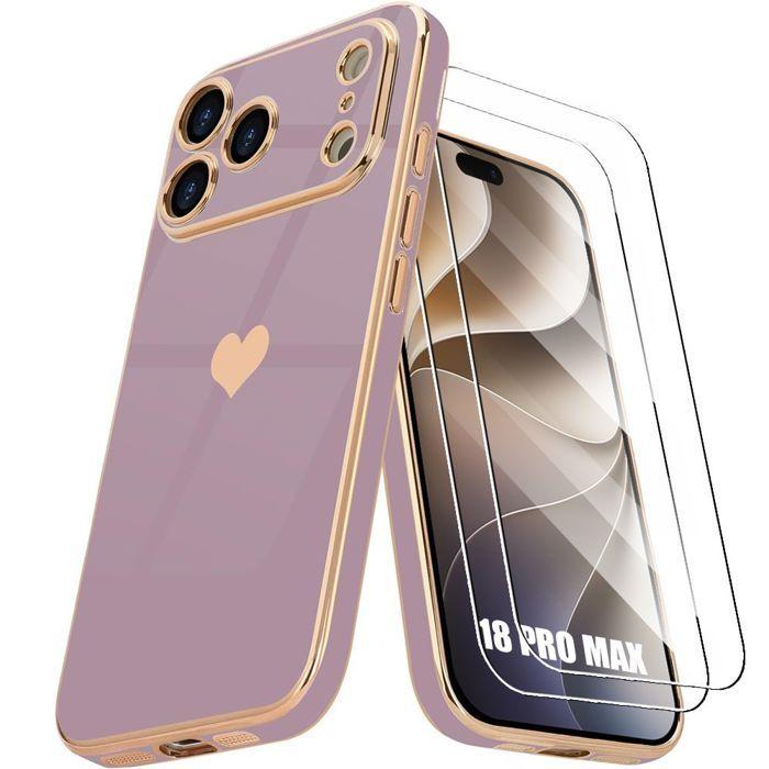 Case + 2 Tempered Glass Screen Protectors for iPhone 18 Pro Max, Shockproof Silicone Protection Heart Pattern - Purple