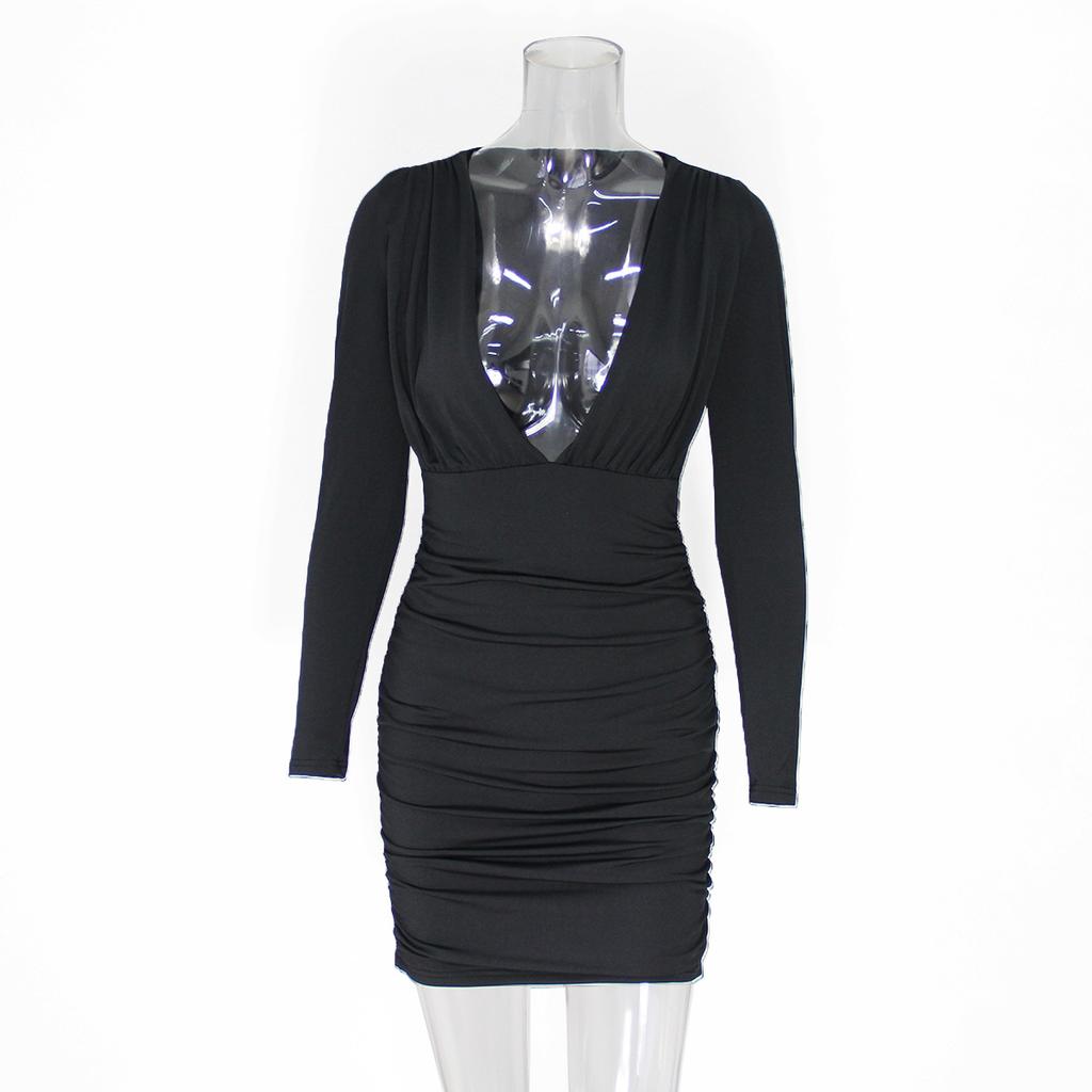 European and American Station Wish Sexy Deep V Pleated Hip Wrap Autumn and Winter New Dress Women