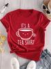 Lässiges Damen-T-Shirt mit Rundhalsausschnitt und „Its A Tea“-Alphabet-Cartoon-Teetassenmuster – Sommerkleidung