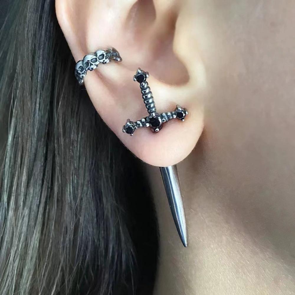 Gothic Sword Kinitial Ladies Stud Earrings Retro Crystal Diamond Dagger Earrings