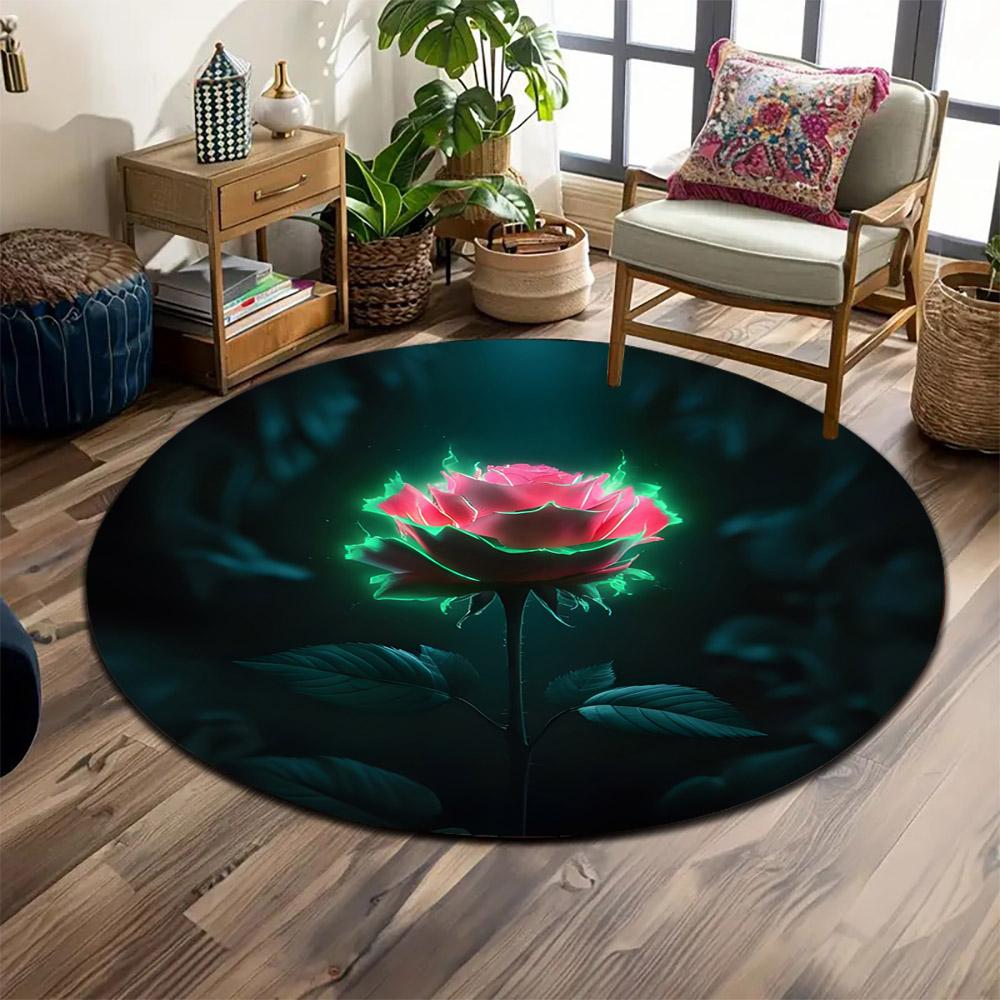Glowing Red Rose in Dark Elegance Print round rug, living room, bedroom, playroom carpet, non slip floor mat, gift