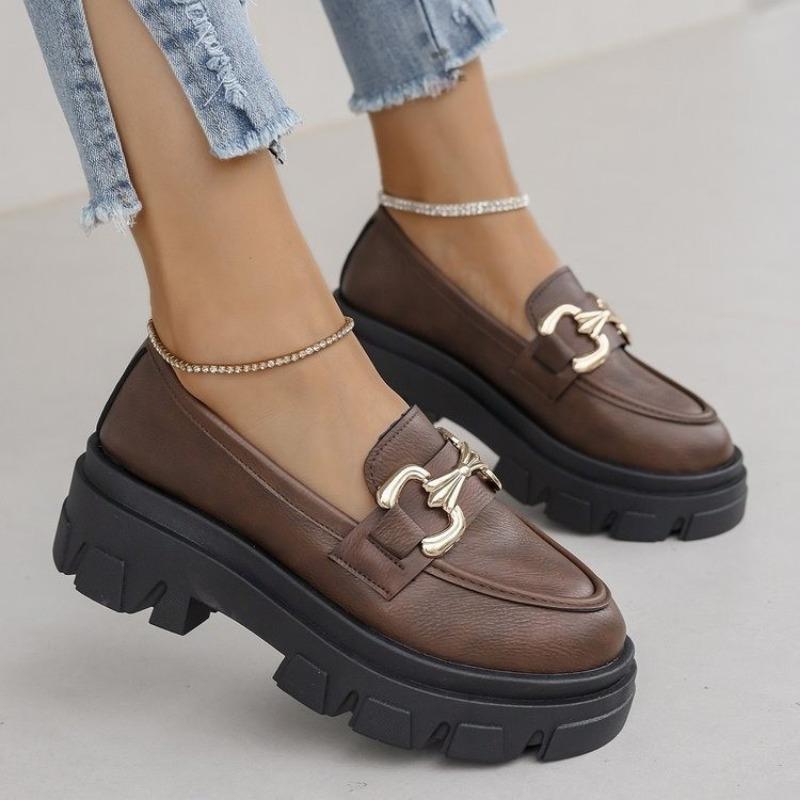 Fashion Women's Thick Soled Single Shoes Autumn New Round Head Deep Mouth Metal Buckle Non-slip Low-top Shoes