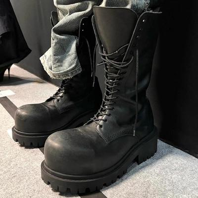Leather Super Cool Big Head Martin Boots Women's Round Head Upturned Head Medium Boots Men's and Women's Same Thick Heel Heightened Thick-soled Lace-