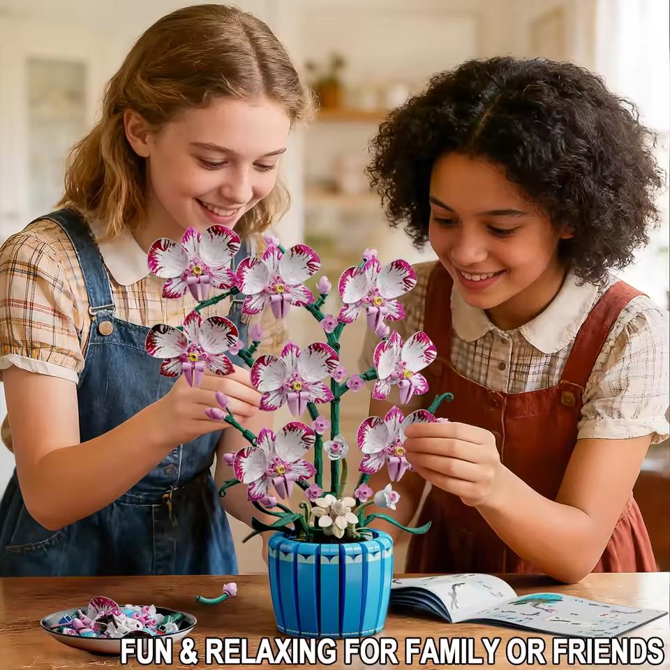 Orchid Pot Potted Plant Construction Block Pink Flower Potted Plant Model Game Toys Sets Latest Year Christmas Birthday Gifts