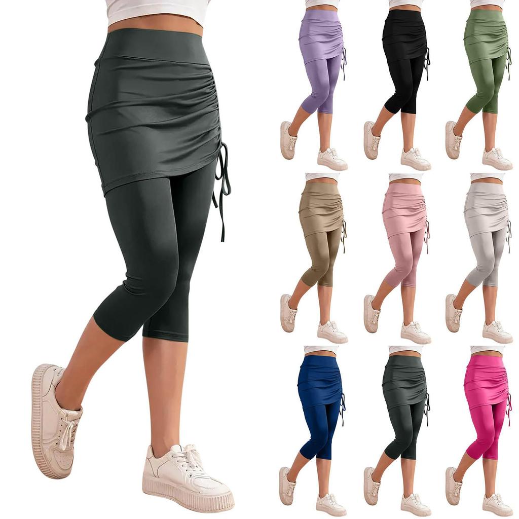 Damskie legginsy treningowe ze spódniczką ze sznurkiem, casualowe letnie z wysokim stanem, miękkie, sportowe spodnie do jogi