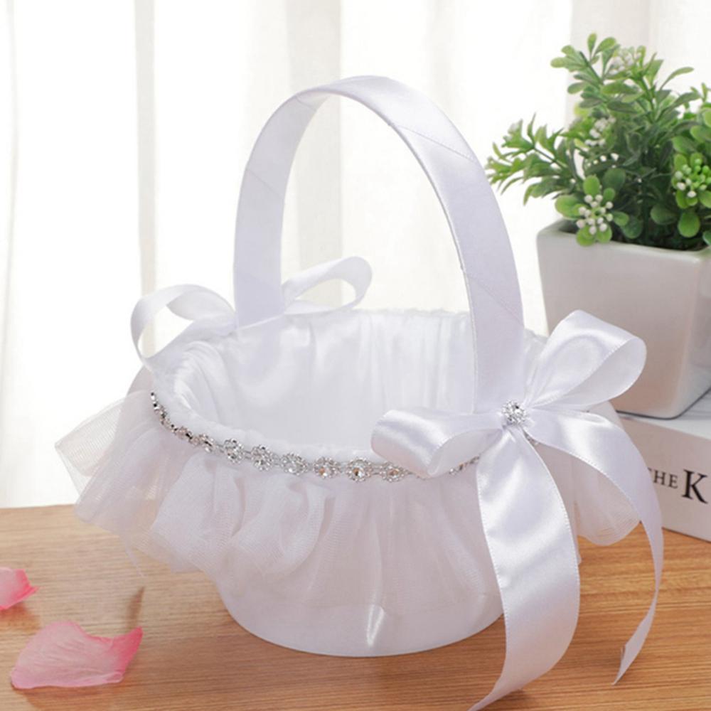 White Flower Girls Basket Simple Wedding Flower Basket Bride Bridesmaid Hand Held Basket Wedding Ceremony Party Decorations Yes