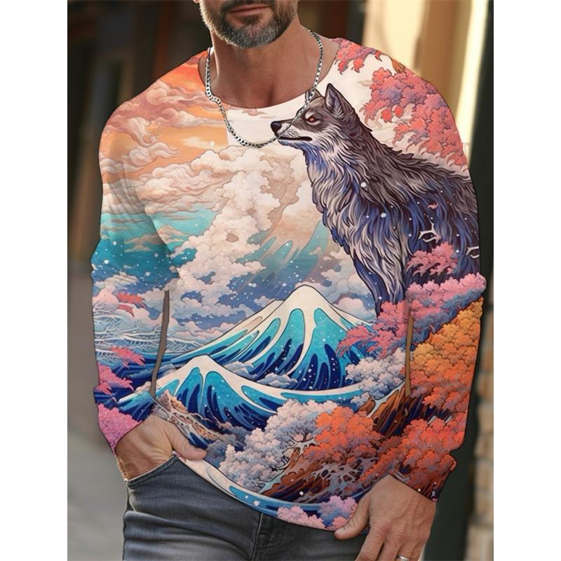 Nueva Camiseta de Manga Larga Ukiyoe para Hombre Estampado 3D Lobo Estampado Gráfico Camiseta para Hombre Otoño Primavera Top Casual Cuello Redondo Camiseta para Niños