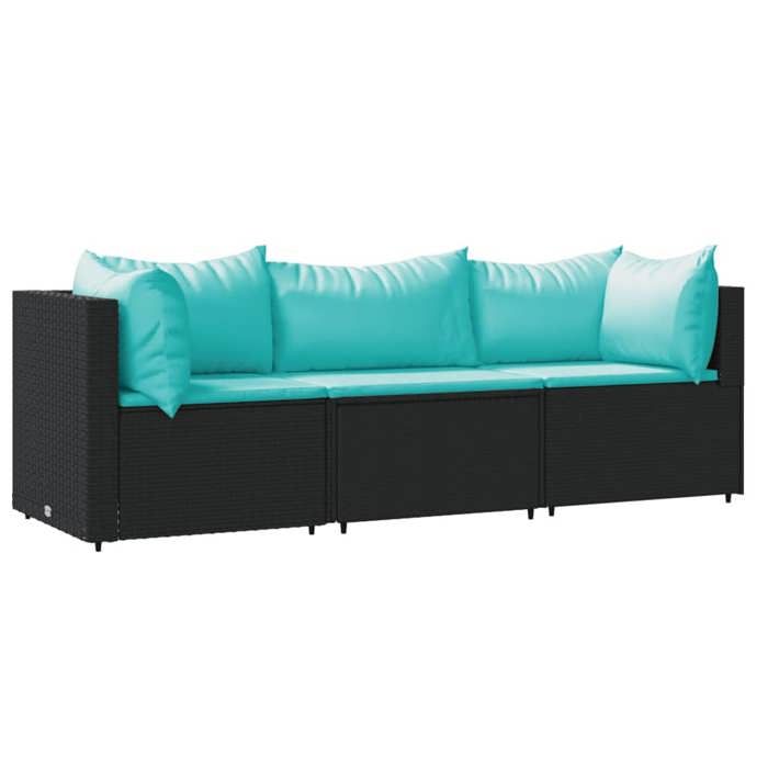 VidaXL Salon de jardin 3 pcs avec coussins Noir Résine tressée, ensemble de salon d'extérieur, ensemble de mobilier 319798