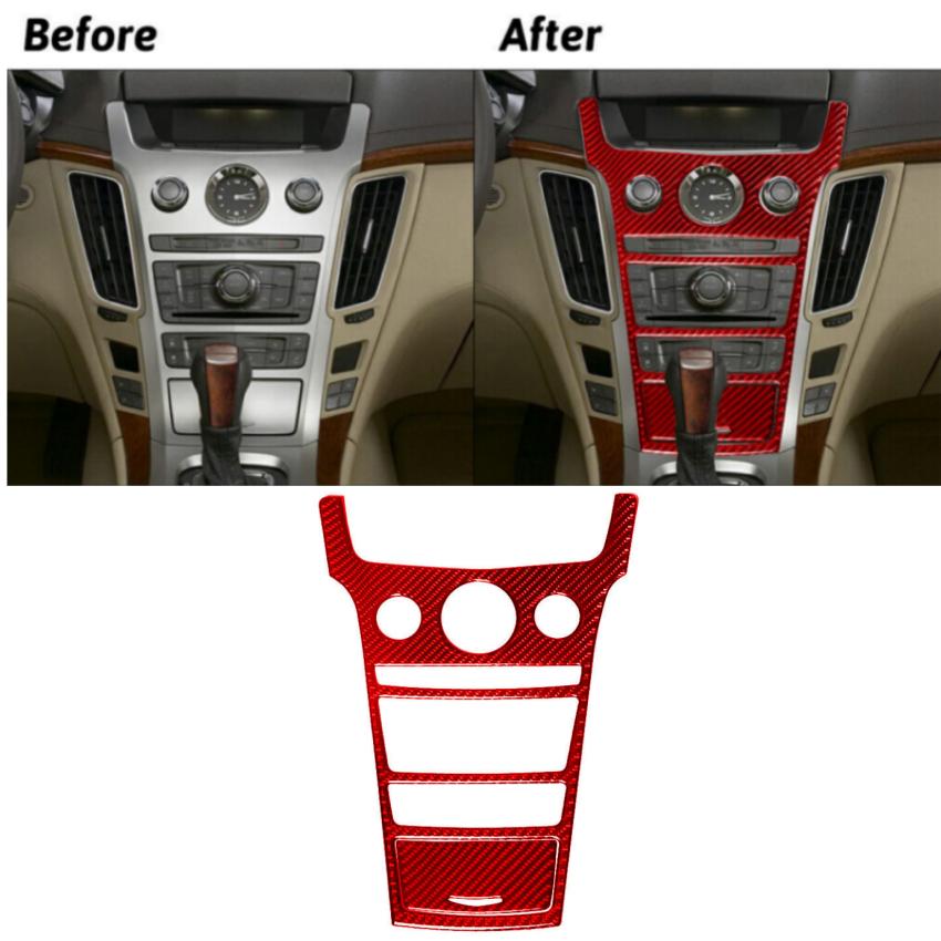 Red Carbon Fiber Radio/Climate Console Cover Trim For 2008-13 Cadillac CTS 2PCS