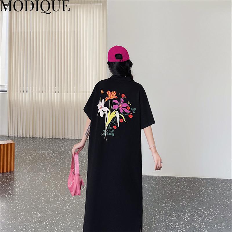 MODIQUE Summer Plus Size New Women Loose A-Line Printing Solid Color Long Dresses Elegant Lady Casual Cotton POLO Short Sleeve Skirt