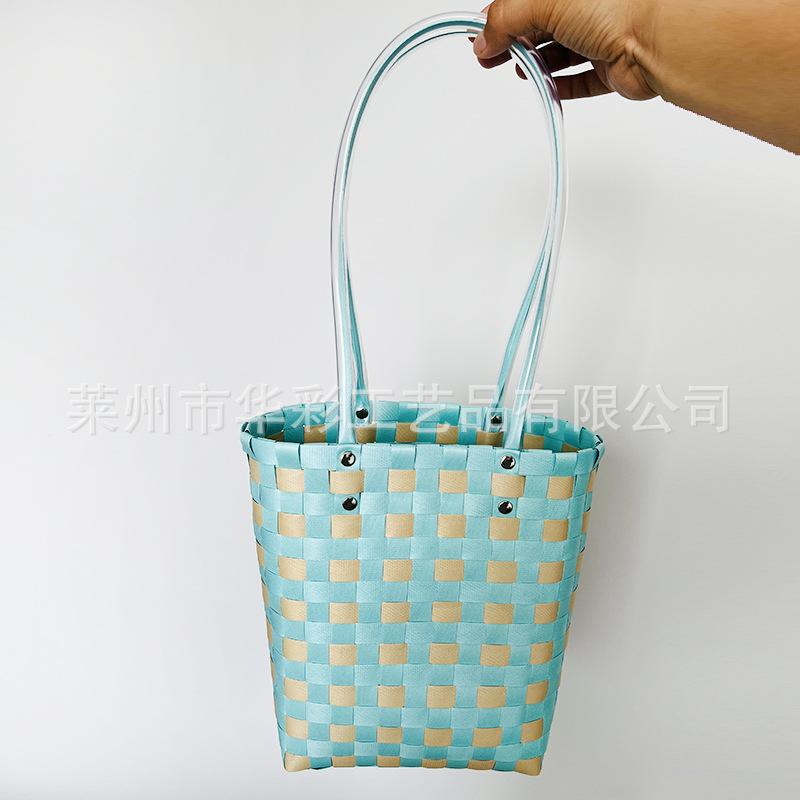 Bucket bag hand-woven contrasting color vegetable basket creative hand basket photo vacation leisure women's bag