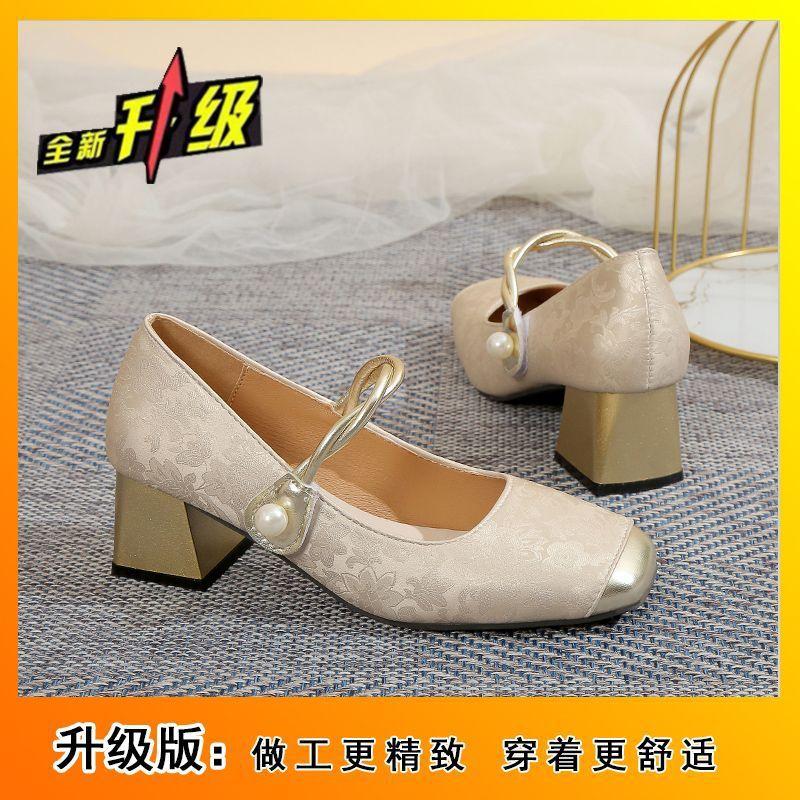 Fashion thick heel square head temperament high heels new Chinese style Mary Jane cheongsam single shoes women's 2025 spring and autumn new