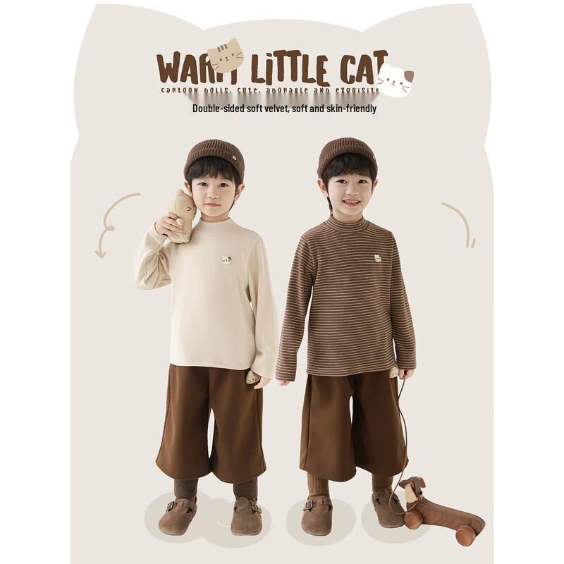 Youyou Boys' Cat Embroidered High-Neck Thermal Long-Sleeve T-Shirt