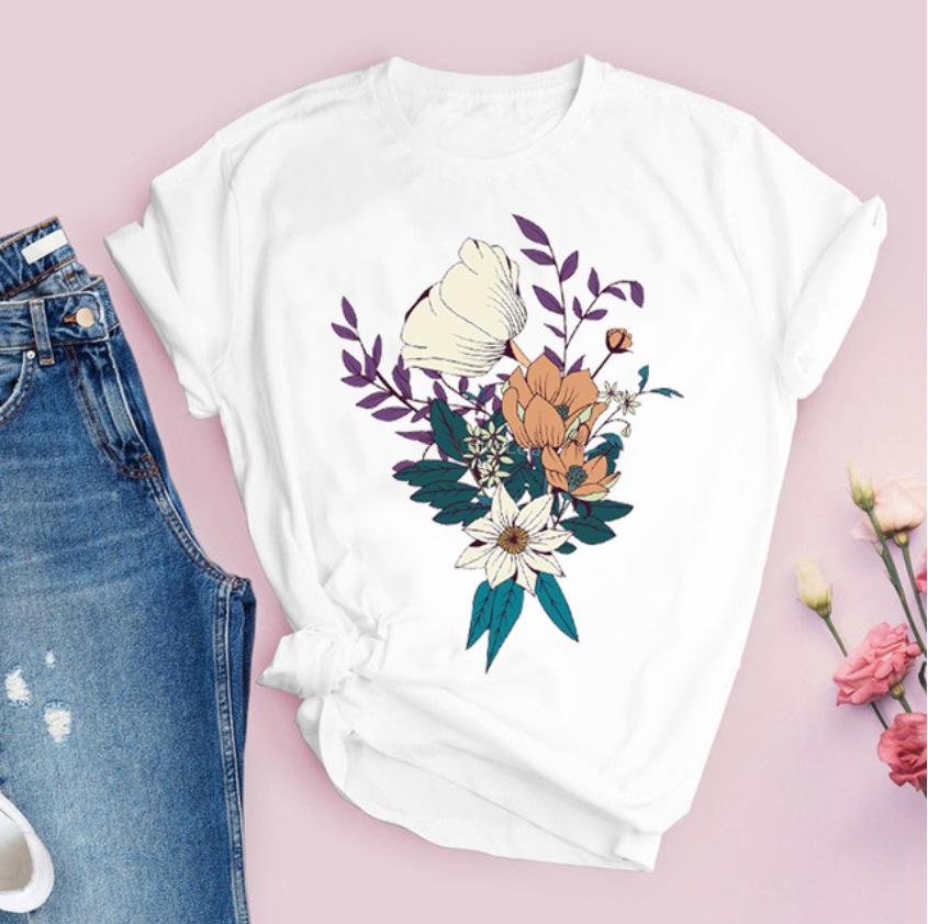 

Fashion Flower Graphic Woman T-Shirt 90S Summer Loose Short Sleeve Female Tops Children Blouses Streetwear Y2K Clothes S білий