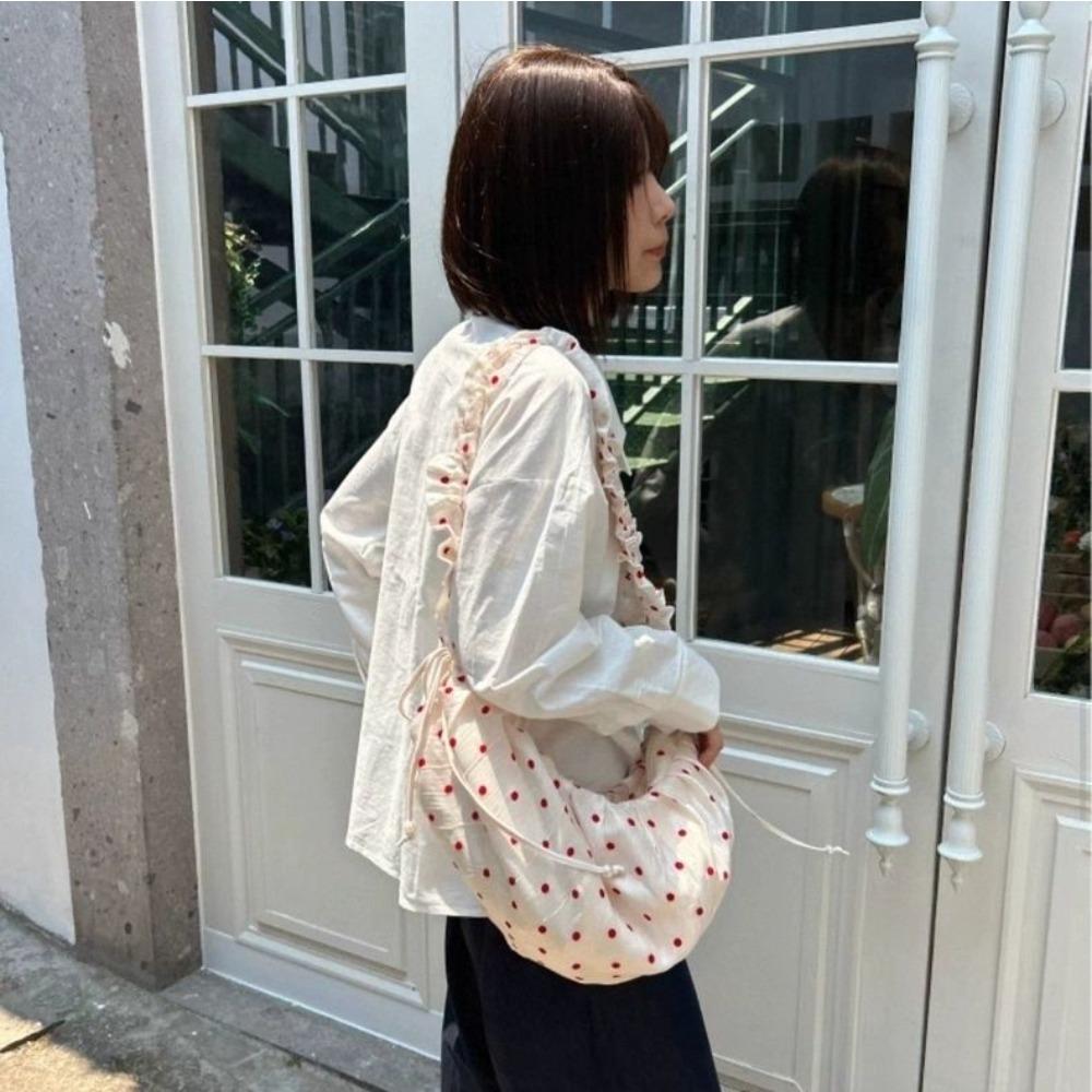 2025 New Versatile Pleated Lace Polka Dot Dumpling Bag Drawstring Zipper Messenger Canvas Bag Commuter Tote Bag Women