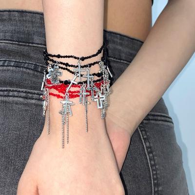 Vintage Gothic Cross Chain Bracelet Retro Silver Color Charm Bracelet for Men Women Punk Streetwear Jewelry Gift
