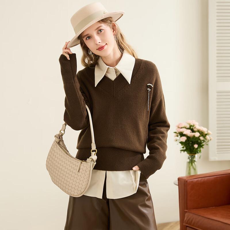 TUHUANG Women s Thickened Pure Wool Beaded V-Neck Knit Sweater XL