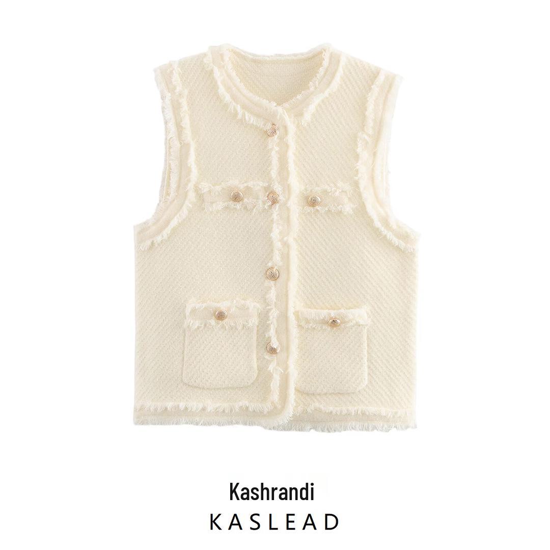 

2025 Spring Women s European & American Style Frayed Edge Tassel Knit Vest One Size