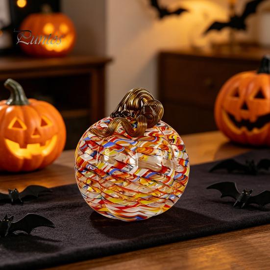 Cute Autumn Centerpiece Mini Hand Blown Glass Pumpkin Ornament, Collectible Thanksgiving Halloween Decoration Faux Crystal Hanging for Fall,
