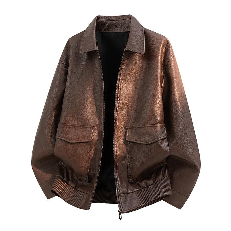 New PU leather jacket for men, American vintage workwear style, tough relaxed style, old money street style, minimalist