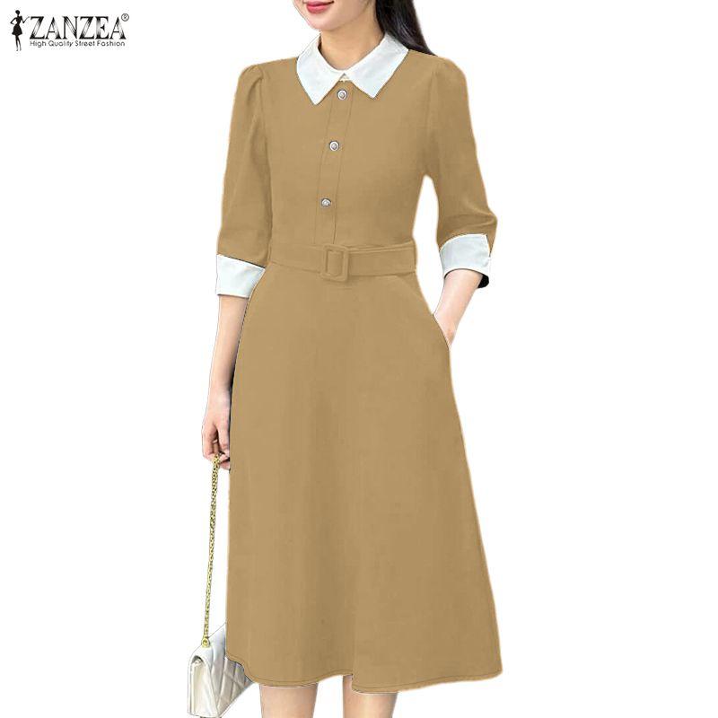 ZANZEA Women Splice Collar 3/4 Sleeve Casual Long Dress